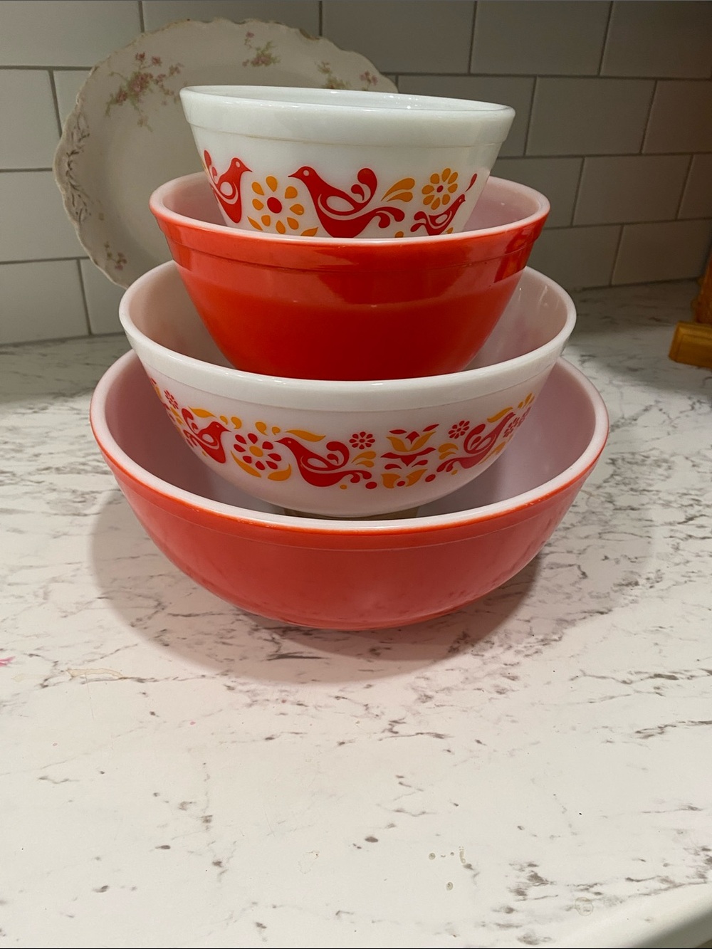 Fire king Red & White Nesting Mixing Bowls - Friendship Pattern
